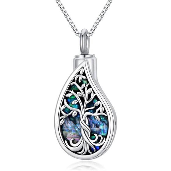 TOUPOP Teardrop Tree of Life Urn Necklace for Ashes 925 Sterling Silver Gemstone Tree of Life Cremation Jewelry with Funnel Filler Memorial Jewelry Gifts for Women Men