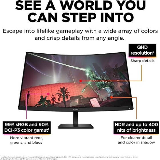 HP OMEN 32c QHD 165Hz Curved Gaming Monitor, QHD Display (2560 x 1440), VA Panel, 99% sRGB, 90% DCI-P3, 16:9, AMD FreeSync Premium Technology, 32c (2023)