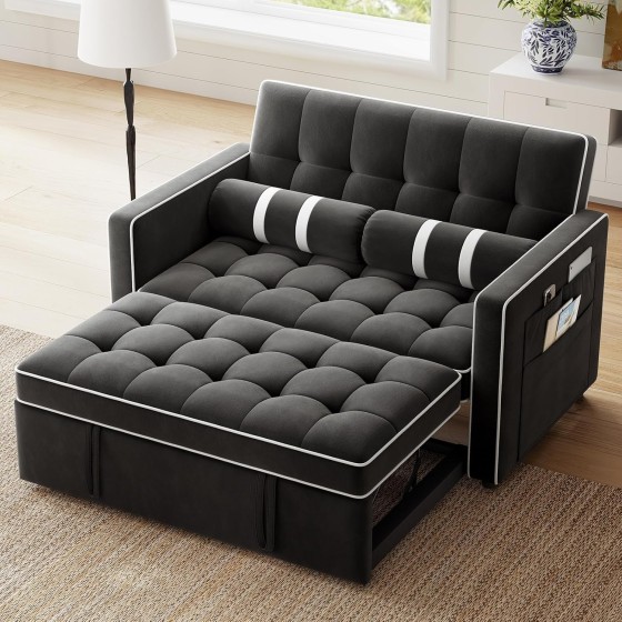 Marsail Sofa Bed, 3-in-1 Convertible Sleeper Sofa, Futon Couch with USB Charging, Side Pockets & Adjustable Backrest, Pull Out Couch for Living Room, Apartment, Loveseat, Velvet Fabric, Black